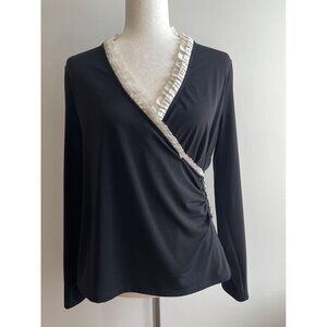 Charter Club Wrap Blouse Womens PL Black with Cream Ruffle Whimsigoth Coquette